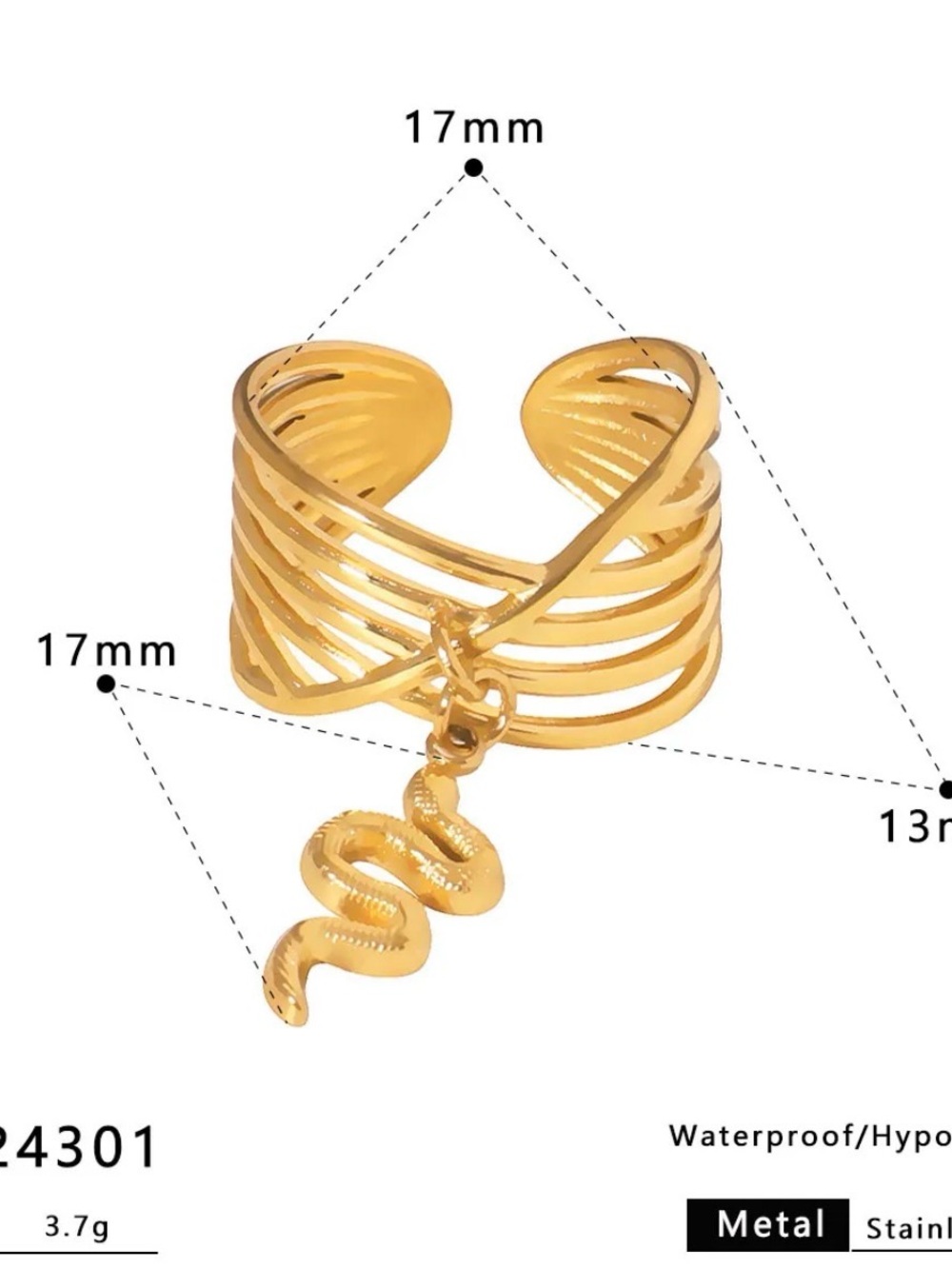18k Gold plated Snake Charm Open Cuff Ring - Women Jewelry